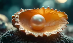 an oyster with a pearl on it sits atop black lichen