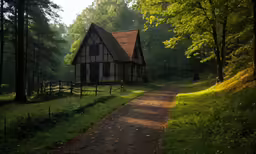a cottage on a road surrounded by trees