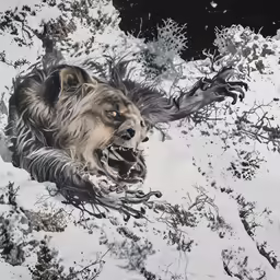 a drawing of a wolf with long claws biting through the snow