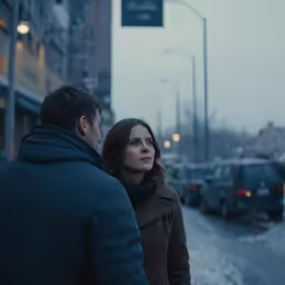 a man and woman standing on a snowy street