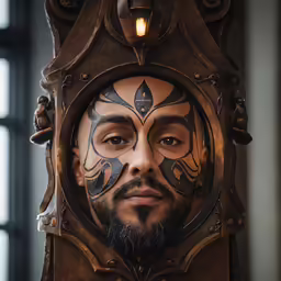 a man with a tattoo on his face looking into a mirror