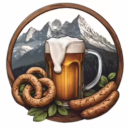 a beer mug filled with liquid sitting next to two pretzels