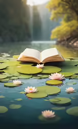 a book laying on top of green leaves in the middle of water
