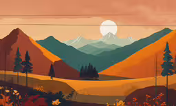 a painting of mountains with trees, grass and trees,a painting of mountains with some clouds in the background