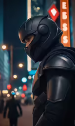 man wearing a black suit and helmet in a city street