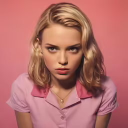 a woman with blonde hair and a pink shirt