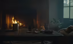 a room with some candles and a fire in the fireplace