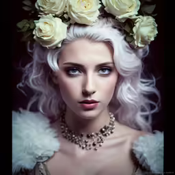 beautiful blond woman with flowers in her hair wearing jewelry