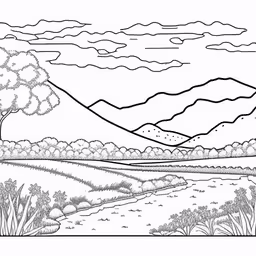 the landscape has mountains, clouds and a river in it,a large picture of the landscape and hills