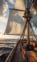 a sailing ship with white sails sailing in the water