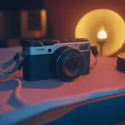 a camera sitting on a table next to a lit candle