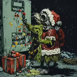 the illustration shows an alien opening a christmas door