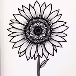 a black and white drawing of a large sunflower