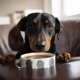 a small dog is eating his dinner while looking at the camera