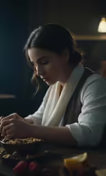 a woman putting food on her plate, while staring at it