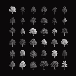 several trees arranged in different stages on a black background