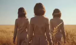 three girls standing in a wheat field, looking into the distance