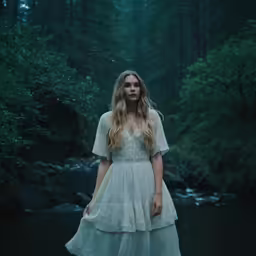 woman wearing dress in forest next to stream
