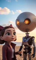 a lady with glasses stands next to an old robot
