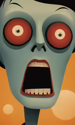 a woman in an orange dress with her mouth open and vampire eyes