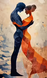 a painting of two people dancing on an abstract background