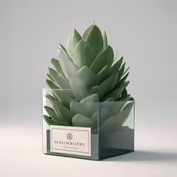 a cactus in a clear box on a white surface