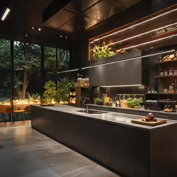 the interior of a modern kitchen at night