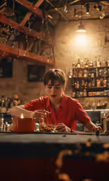 a woman sitting at a table in a restaurant