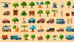 a bunch of different vehicles with trees on them,a big set of vehicle type icons in pixel style