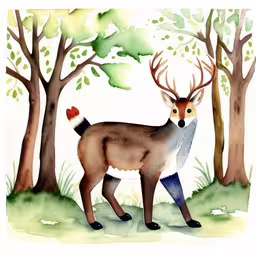 a deer with antlers stands in the woods,watercolor painting of a deer with a heart in his antlers,an image of a painting of a deer in the forest,this is an image of a deer in the woods,a painting of a deer in a wooded area