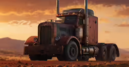 an antique tractor trailer truck on the dirt,a big truck on the road during a sunset
