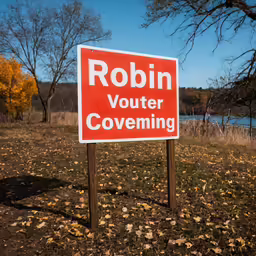 a red sign in a field that says robin voucher covering