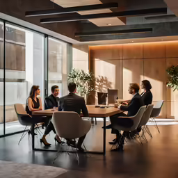 three colleagues having a meeting at a wooden table