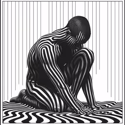 an image of a man sitting in the middle of an artistic painting,a person sitting on top of a striped rug