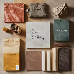 various colored and brown samples of different types of fabric, including linen, fabrics, paper, glasses, coffee bag and books