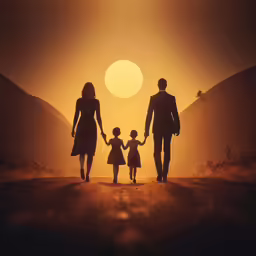 an animation of a couple and two kids holding hands