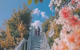 a couple walking up the stairs together