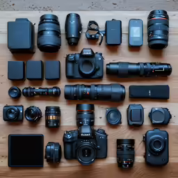 all the camera equipment on display is sitting out