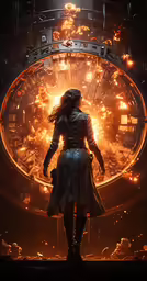 the witch standing in front of an enormous clock