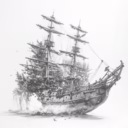 a black and white photo of a ship surrounded by pines