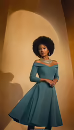an elegant young lady in a blue dress, stands with her arms folded open