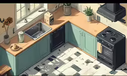 a small kitchen with an oven, stove, and sink