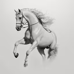the black and white photo shows an image of a horse in motion