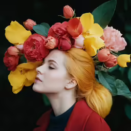 woman with colorful flowers in her head