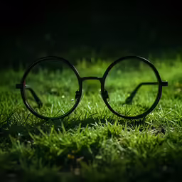 glasses on grass under the sunlight with grass and sun in background