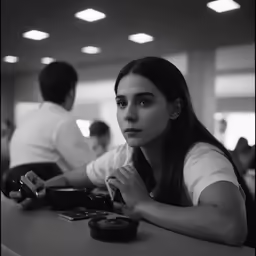 a woman sitting at a table with some coffee cups