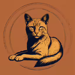 a black and white cat sitting on a circular,an orange cat in the center of an orange circle