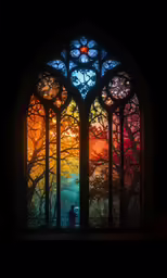 the image is looking at a colorful stained glass window