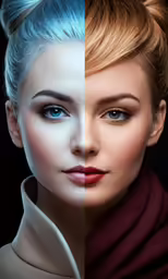 two images of a woman and one with blue hair and a top knot bun