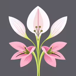 a pink flower is in the middle of two white flowers,two flowers that are sitting next to each other